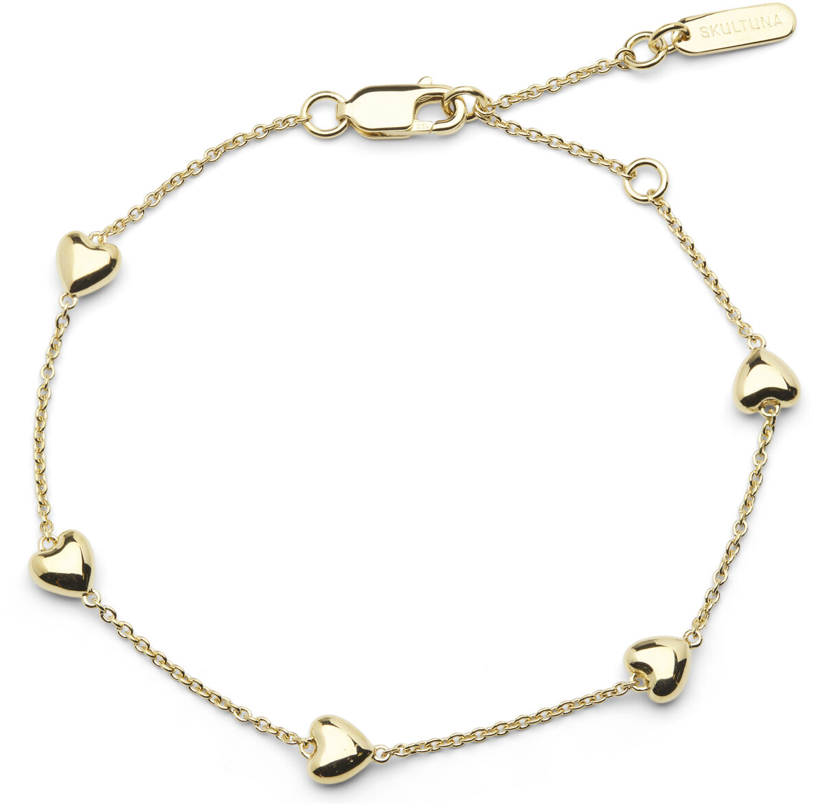 Feines Armband aus goldfarbener Kette mit fünf kleinen, in regelmäßigem Abstand platzierten, herzförmigen, goldfarbenen Elementen.