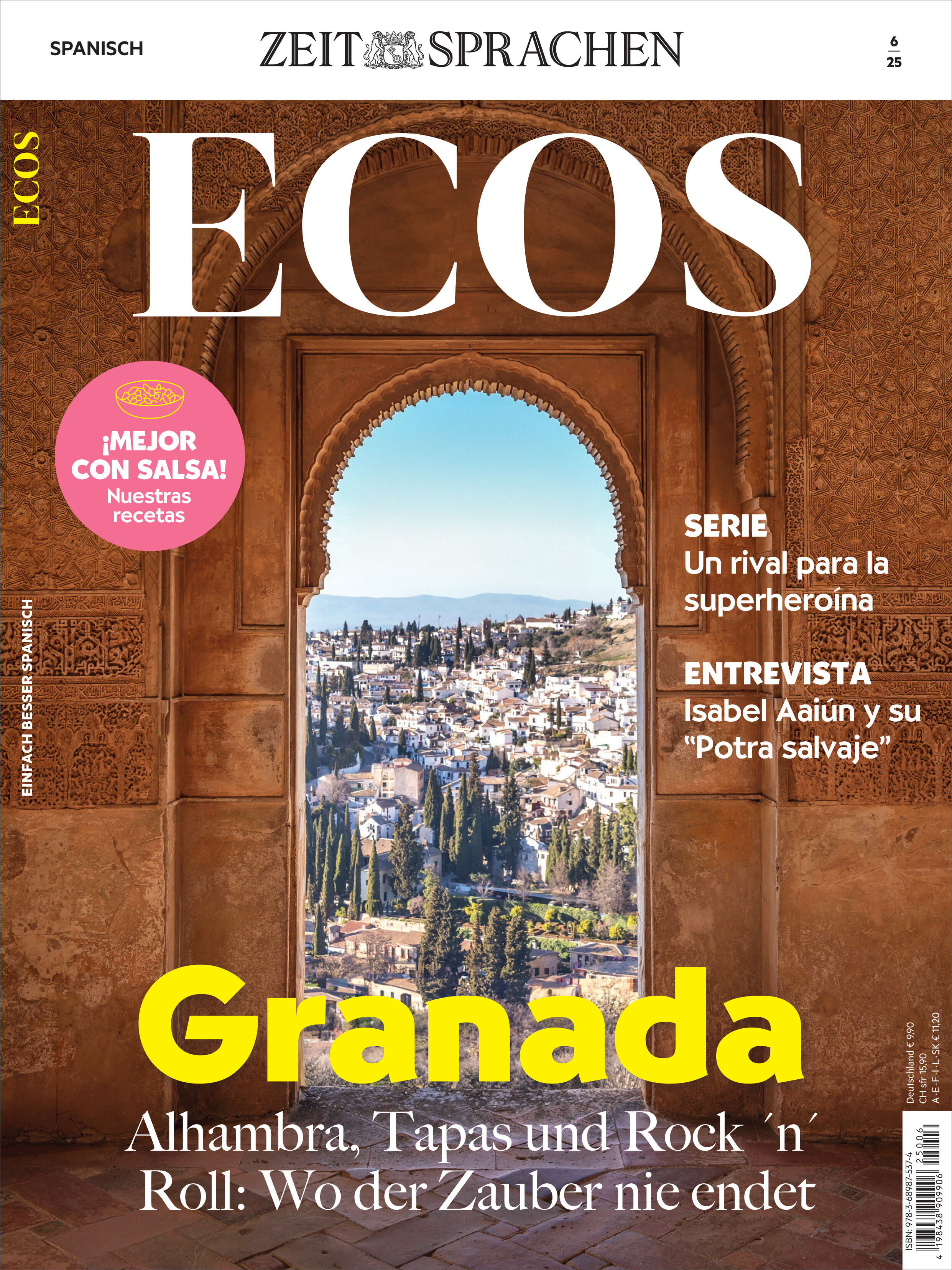 Titelseite des Ecos Magazins Ausgabe 6/2025 mit einem Bild der Alhambra in Granada, Spanien. Die Überschrift 'Granada' ist in gelber Schrift hervorgehoben. Weitere Themen sind spanische Salsa-Rezepte und ein Interview mit Isabel Aiún.