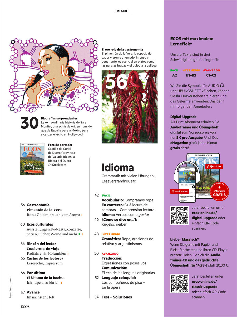 Detailreiche Innenseite des Sprachmagazins Ecos 11/2026 vom Spotlight Verlag, mit illustriertem Porträt einer Frau, Foto von roten Paprika, Inhaltsangaben zu Themen wie Weinrouten, Bolivien und Grammatik, Informationen zum Lernkonzept und digitale Extras. Klar strukturierte, farbige Gestaltung.