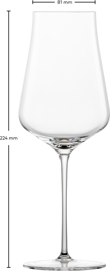Zwei klare Weißweingläser aus Kristallglas im modernen Design, abgebildet in einem 2er-Set. Sie sind zeitlos und hochwertig, mit schmalem Stiel und einer Höhe von 224 mm und einer Breite von 81 mm.