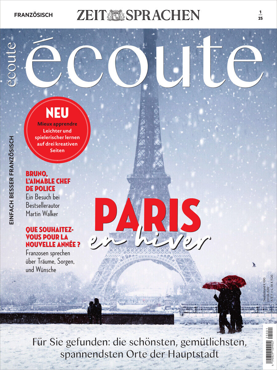 Titelbild des Écoute Magazins 1/25 mit verschneitem Eiffelturm im Hintergrund und Menschen, die Schnee genießen. Thema 'Paris en hiver' wird hervorgehoben.