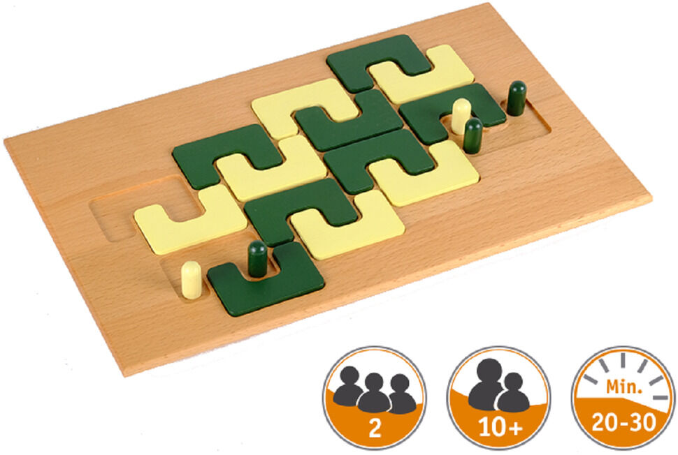 Das Bild zeigt das Spiel »C-Cross« aus Holz auf einem hellbraunen Brett. Das Spiel beinhaltet Puzzle-Teile in den Farben Grün und Gelb. Im unteren Bereich des Bildes sind Symbole mit Spielinformationen: ab 2 Spielern, ab 10 Jahren und eine Spieldauer von 20-30 Minuten.