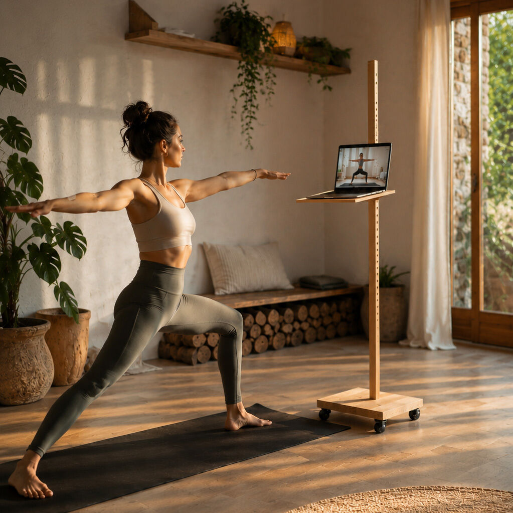 Szene in einem hellen, modernen Wohnzimmer: Eine Frau macht Yoga auf einer Matte. Vor ihr steht das mobile Device-Stativ »ERA« von Frau Caze aus Eiche natur mit Laptop darauf. Das Stativ ist flexibel höhenverstellbar, hat Rollen und schafft eine aufgeräumte, stilvolle Atmosphäre.
