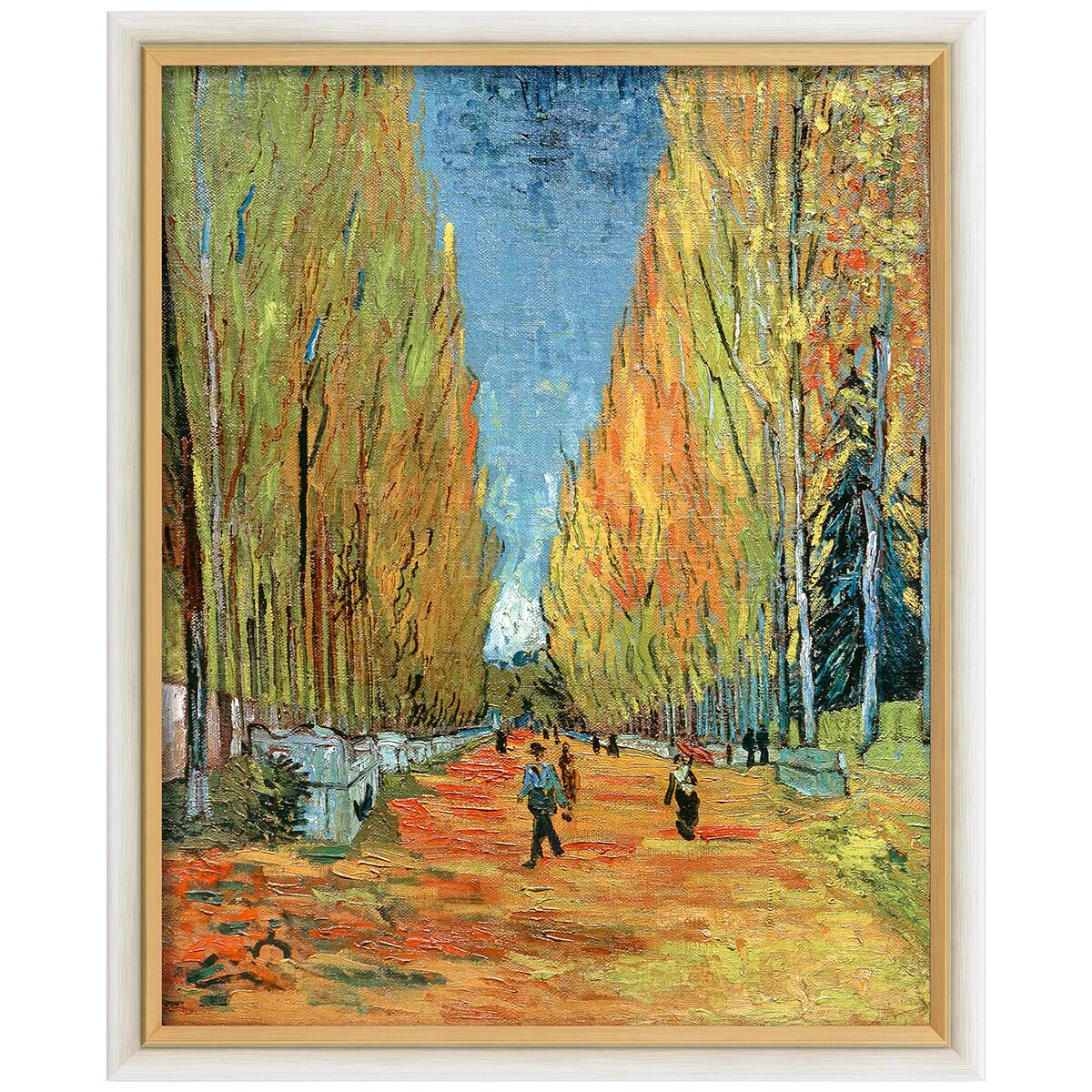 Kunstdruck des Gemäldes „L'Allée des Alyscamps“ von Vincent van Gogh. Ein herbstlicher Parkweg mit vom Sonnenlicht beleuchteten goldgelben und orangeroten Bäumen säumt rechts und links eine Allee, entlang der dunkel gekleidete Spaziergänger flanieren. Gerahmt in weiß-goldenem Massivholz, Format 78x64 cm.