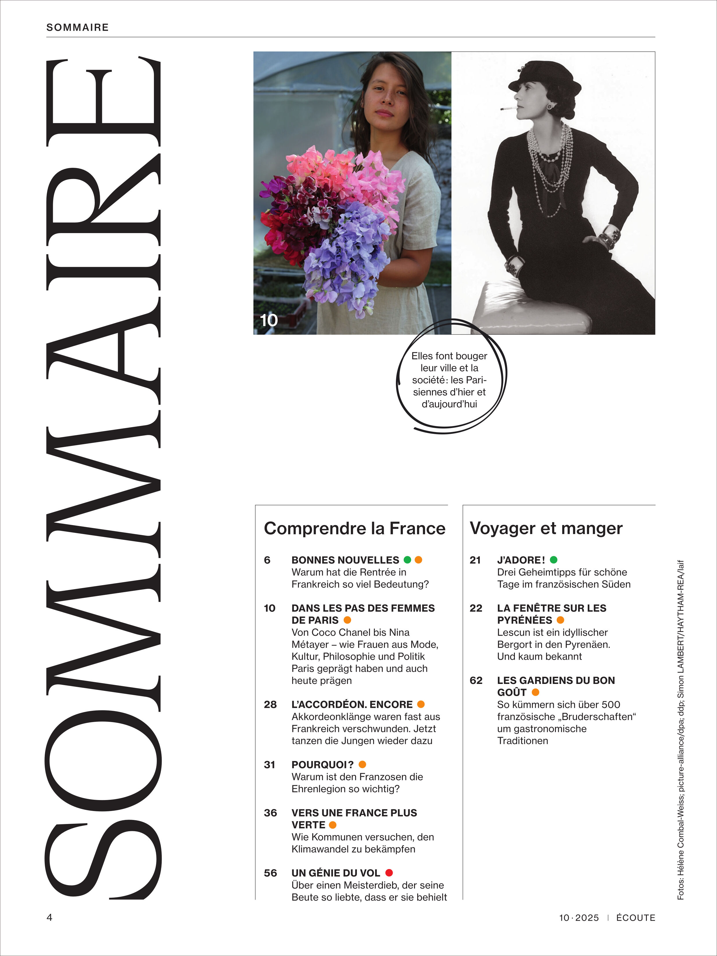 Titelseite der Oktober-Ausgabe 2025 des Écoute Magazins. Links ein Inhaltsverzeichnis auf weißem Hintergrund in schwarzer Schrift. Oben rechts zwei Fotos: Eine Frau mit einem großen Blumenstrauß in Violett- und Rosatönen, daneben ein Porträt von Coco Chanel in Schwarzweiß. Themen wie französische Kultur, Reisen und Gastronomie werden vorgestellt.