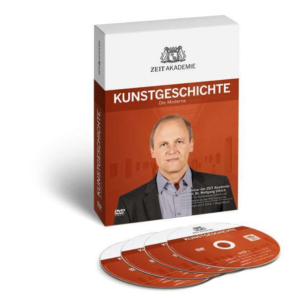 Kunstgeschichte-Seminar von Zeit Akademie mit dem Titel 'Die Moderne'. Das Bild zeigt eine DVD-Box und vier dazugehörige DVDs. Der Hintergrund ist überwiegend weiß, mit roten und schwarzen Akzenten.