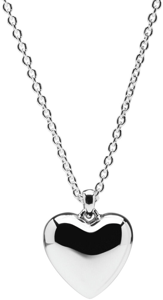 Eine elegante silberne Halskette mit einem glänzenden Herzanhänger vor weißem Hintergrund, geeignet als Geschenk zu romantischen Anlässen oder besonderen Feiertagen.