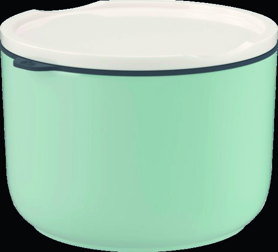 Eine mintgrüne Lunchbox mit einem weißen Deckel und einem dunkelblauen Rand. Sie ist modern gestaltet und ideal für die Aufbewahrung und den Transport von Lebensmitteln.