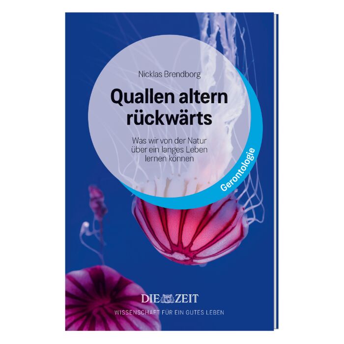 Das Buchcover der ZEIT-Edition »Wissenschaft für ein gutes Leben« zeigt eine Qualle vor blauem Hintergrund. Zentral steht ein weißer Kreis mit Buchtitel und Autor, darunter das Logo der ZEIT. Das Cover vermittelt einen wissenschaftlichen und natürlichen Charakter.