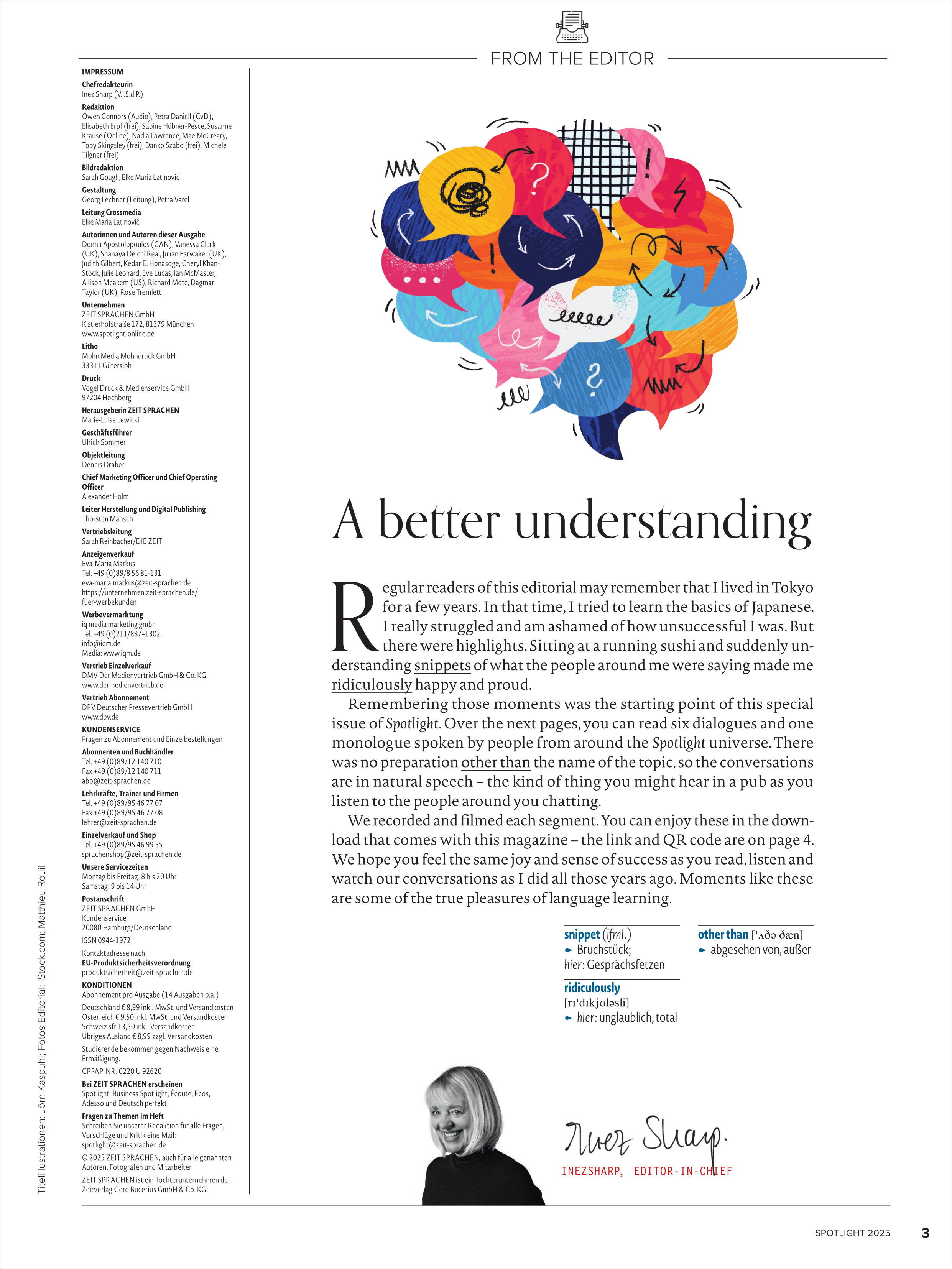 Titelseite des Spotlight Magazins Sonderausgabe 12/2025 mit einer bunten Illustration aus Sprechblasen, englischem Editorial-Text und einem kleinen Porträt der Chefredakteurin. Die Gestaltung vermittelt ein modernes und ansprechendes Thema rund um Englischlernen und Kommunikation.