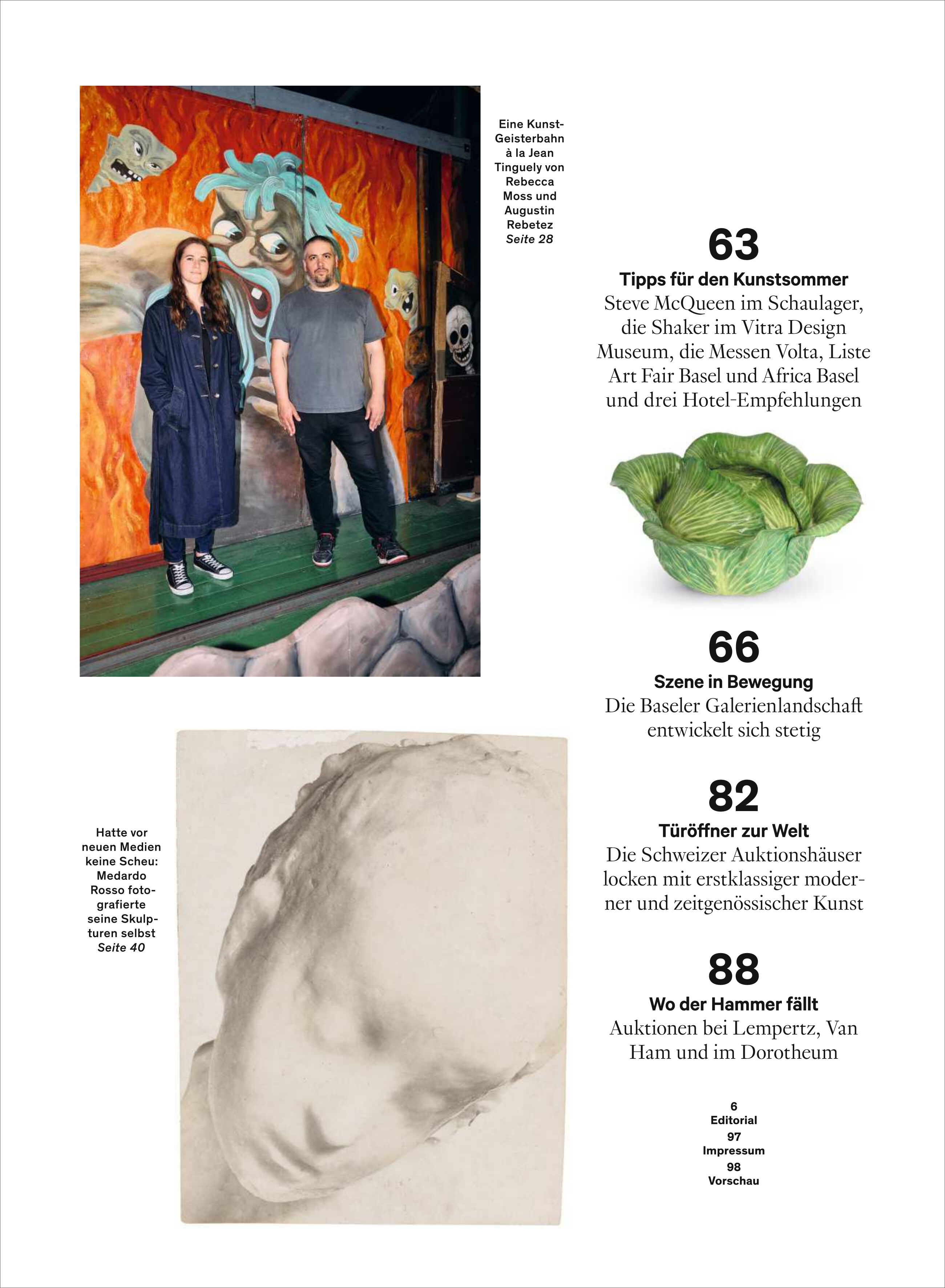 Eine Titelseite des Kunstmagazins 'WELTKUNST 242/25 Sonderheft Basel' mit Kunstwerken und Text. Oben links ist eine Fotografie von zwei Personen vor einem Wandgemälde zu sehen. Unten links ein klassisches Porträt. Auf der rechten Seite befinden sich Texte mit Themen über Kunst und Ausstellungen in Basel.