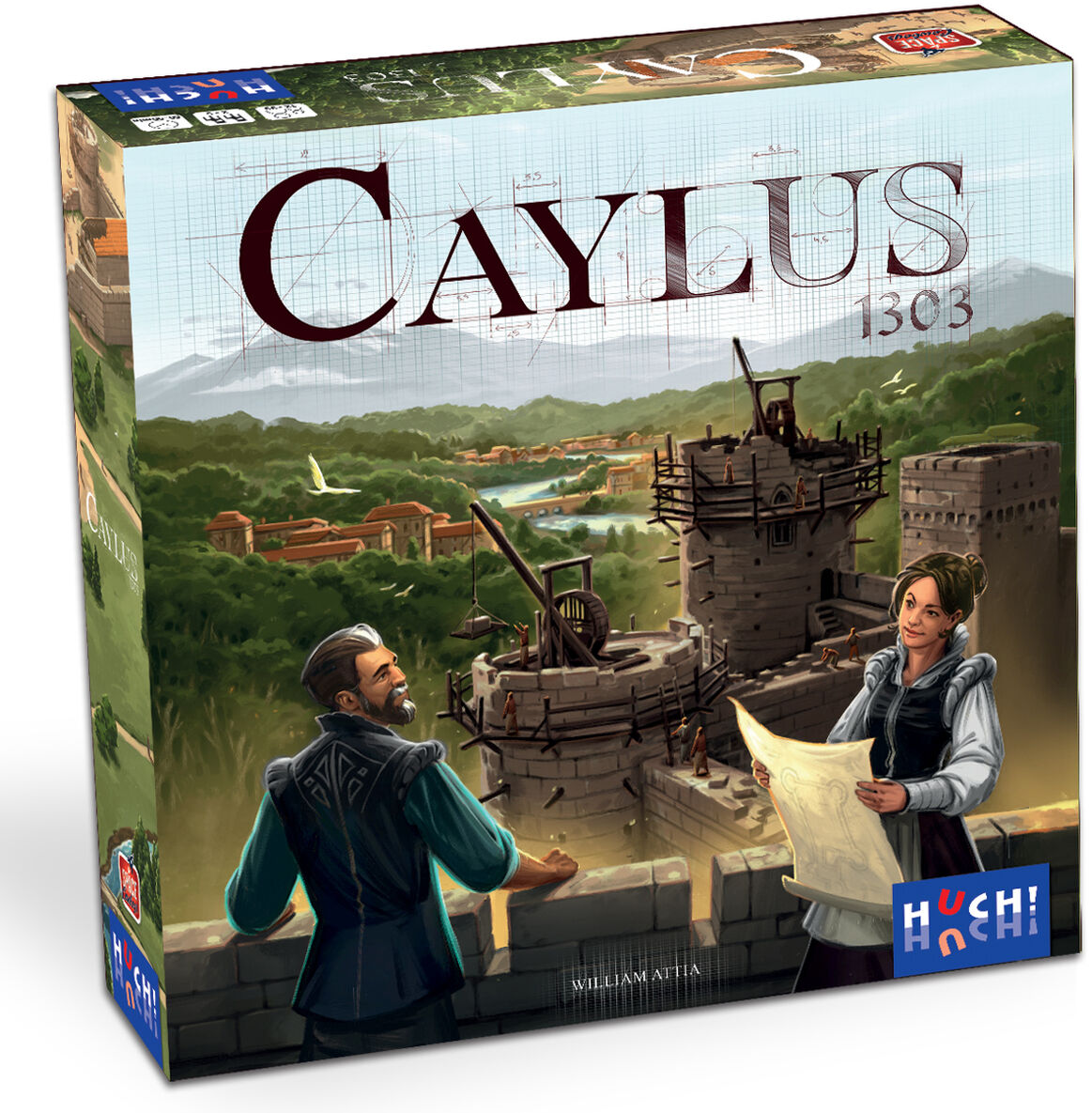 Die Verpackung des Brettspiels »Caylus 1303« zeigt im Vordergrund zwei mittelalterlich gekleidete Personen, die vor einer im Bau befindlichen Burg stehen und eine Karte betrachten. Der Hintergrund illustriert eine grüne, bewaldete Landschaft mit weiteren Gebäuden. Das Logo des Herstellers HUCH! ist auf der Schachtel sichtbar.