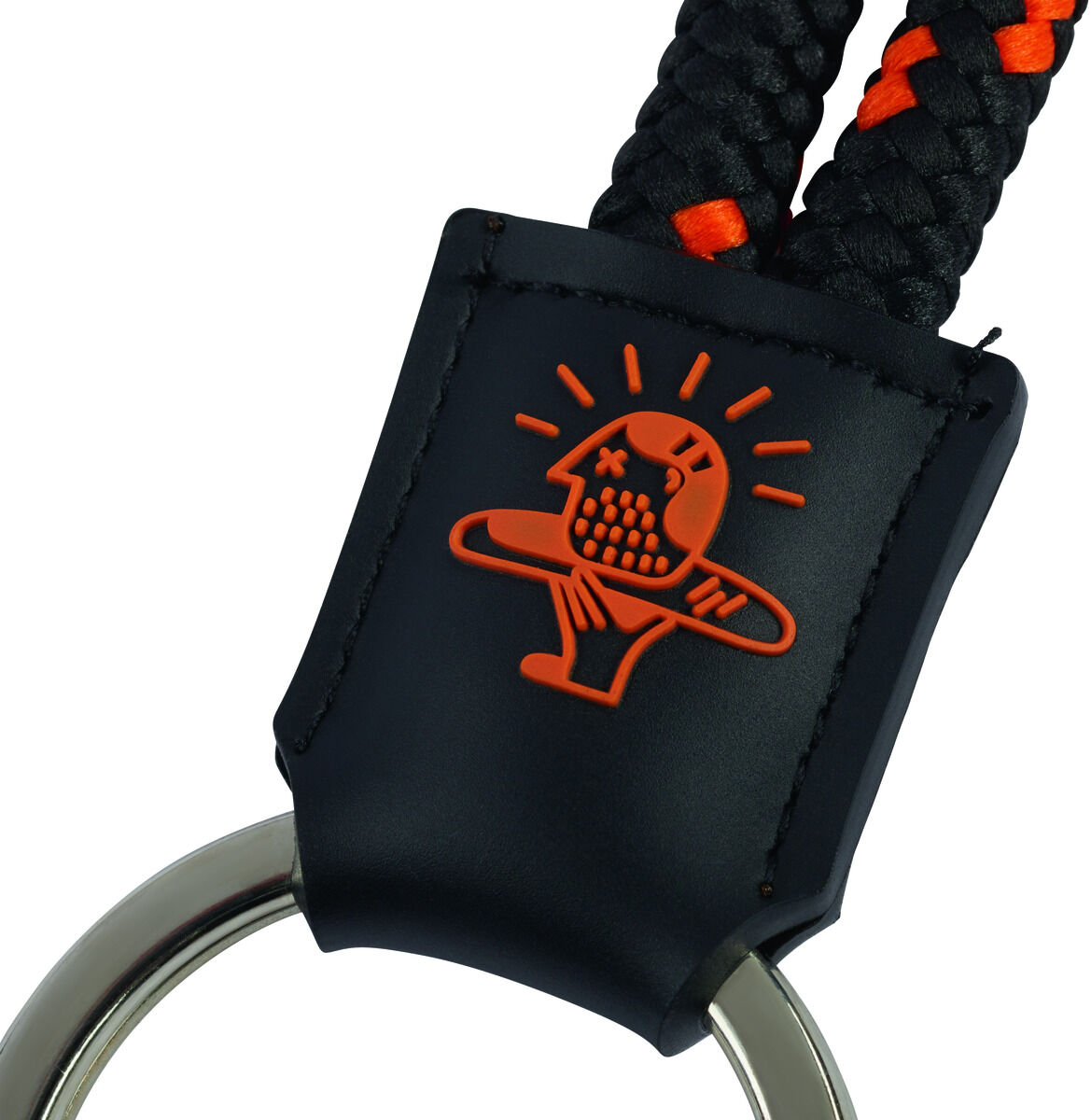 Schlüsselanhänger ZEIT Verbrechen mit schwarzem Lederband und orangefarbenen Akzenten, inklusive eines Metalrings.