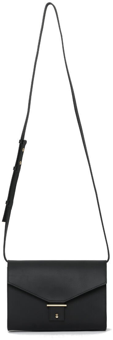 Schwarze Schultertasche aus Leder, Sonderedition »DIE ZEIT 3«, mit schlichter, eleganter Form und dünnem Schulterriemen. Die Tasche besitzt eine goldene Verschluss-Schnalle.