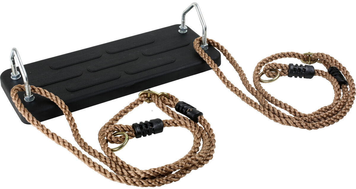 Stabile Outdoor-Schaukel mit schwarzer Holzsitzfläche und braunen Kletterseilen, geeignet für Kinder und Outdoor-Aktivitäten.