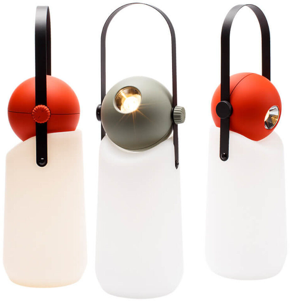 Drei tragbare, moderne Guidelight Lampen mit LED-Licht in den Farben Weiß, Rot und Grau. Jede Lampe hat einen Griff und ein schlichtes, stilvolles Design.