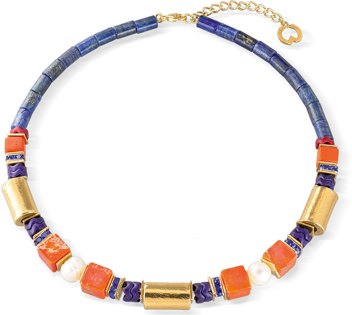 Schmuckset 'Soleil Levant' von Petra Waszak. Farbiges Halsband mit blauen, roten und goldenen Perlen und weißen Details.