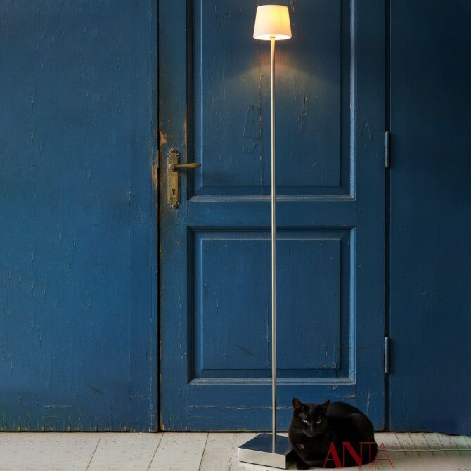 Vor einer dunkelblau gestrichenen Holztür steht die ZEIT Sonderedition Stehlampe »ANTA Cut« von ANTA. Der schlichte Fuß aus grauem Aluminium trägt einen zarten, lichtdurchlässigen Schirm aus Bone China Porzellan. Der Boden ist hell, daneben liegt eine schwarze Katze. Die Szene wirkt ruhig und edel.