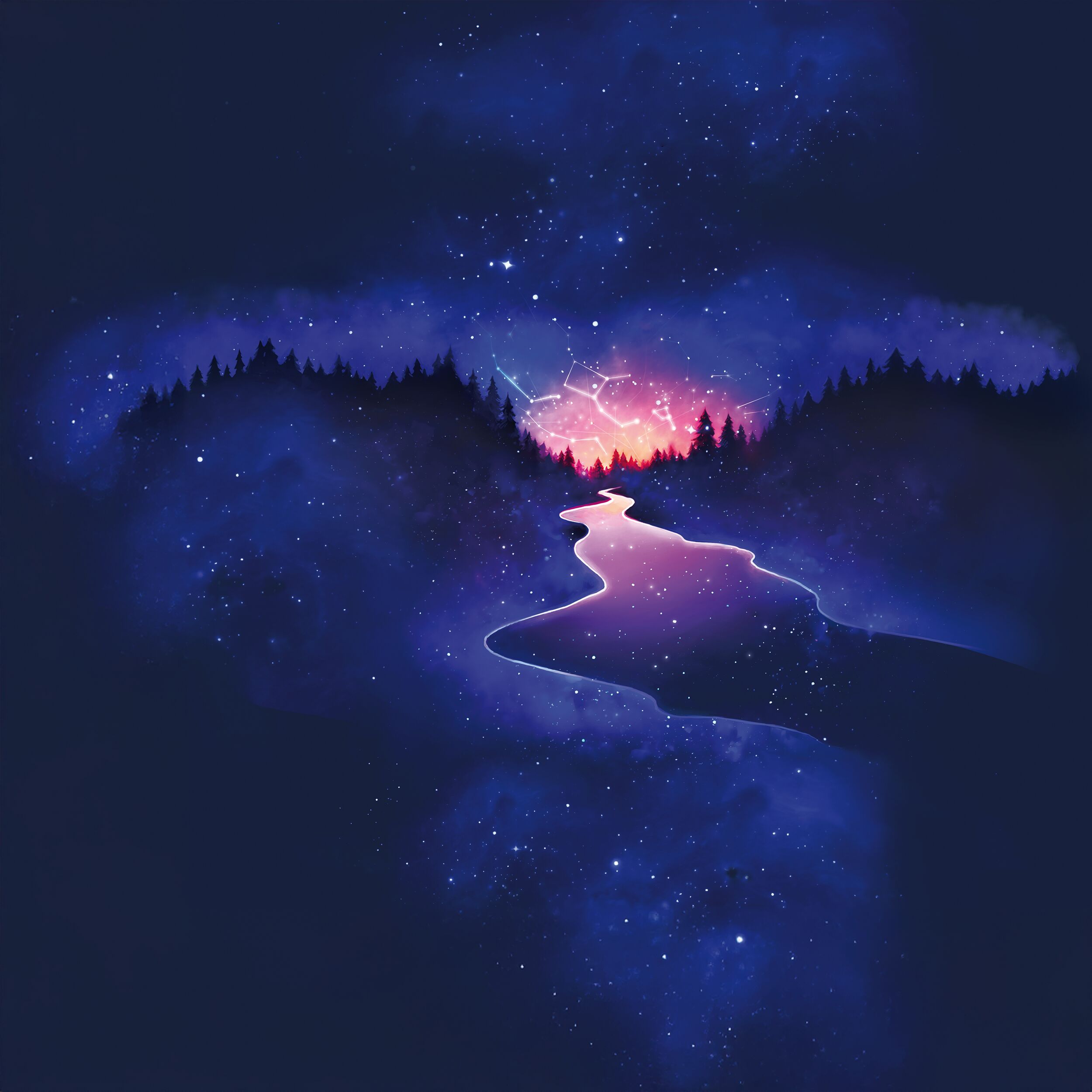 Illustration eines Nachthimmels im Weltraum mit leuchtenden Sternen und einer fernen Galaxie über einem ruhigen, reflektierenden Fluss, umgeben von Silhouetten von Bäumen. Das Motiv vermittelt das Thema Entdeckung und Universum, passend zum Brettspiel »Star Explorer«.