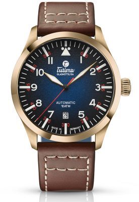 Eine luxuriöse Automatikuhr mit bronzenem Gehäuse und blauem Ziffernblatt, ausgestattet mit einem braunen Lederarmband. Die Uhr zeigt Uhrzeiger und Datumsanzeige unter einer Schutzverglasung.