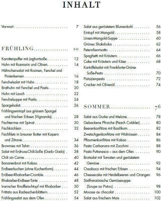 Inhaltsverzeichnis des Kochbuchs »Lieblingsgerichte vom Wochenmarkt«, unterteilt in die Jahreszeiten Frühling und Sommer. Es listet verschiedene Gerichte wie Salate, Suppen, Fleisch- und Fischgerichte auf. Das Layout ist klar und übersichtlich mit grünem Text auf weißem Hintergrund.