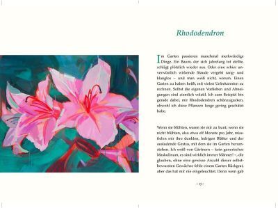 Eine Buchseite mit einer Illustration von rosa blühenden Rhododendron-Blumen und Text auf Deutsch.