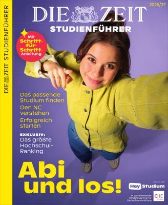 Titelblatt des ZEIT Studienführer 2026/27. Eine junge Frau in gelber Jacke schaut lächelnd nach oben und zeigt nach vorne. Im Vordergrund große gelbe Schrift: "Abi und los!". Infotexte zu Studienwahl, NC, Erfolgsstart; lila Hintergrund mit gelben und weißen Akzenten.
