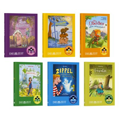 Sechs unterschiedliche, farbenfrohe Hardcover-Kinderbücher mit Illustrationen auf dem Cover, zusammengestellt als ZEIT-Edition »Ausgezeichneter Lesespaß!«. Jedes Buch zeigt kindgerechte Motive und Figuren, darunter Tiere, Geister und Fantasiewesen, und trägt das ZEIT-Logo auf dem Cover.