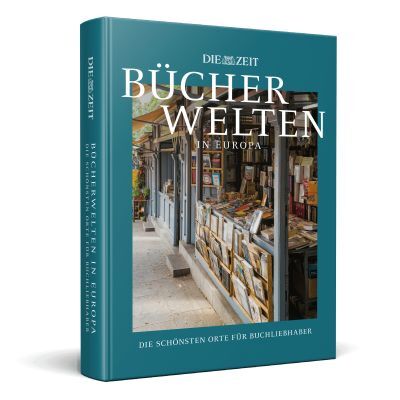 Ein Bildband mit dem Titel »Bücherwelten in Europa« von DIE ZEIT, das eine europäische Buchhandlung mit Regalen und Büchern auf dem Cover zeigt. Der Einband ist in Blau gehalten.