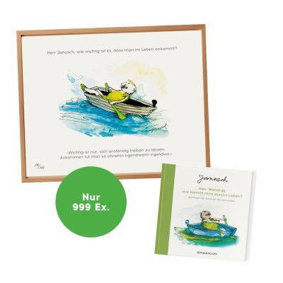 Das Bild zeigt eine limitierte Druckgrafik von Janosch mit einer farbenfrohen Zeichnung der Figur Wondrak in einem Ruderboot, daneben der zugehörige Bildband »Herr Wondrak, wie kommt man durchs Leben?« mit grünem Leinenrücken. Ein Kreis weist auf die Limitierung von nur 999 Exemplaren hin.