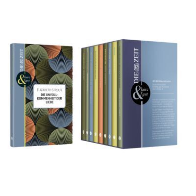 Die ZEIT-Edition »kurz & gut«: Neun gebundene, farbenfrohe Hardcover-Bände mit Schutzumschlag und Lesebändchen stehen in einem hochwertigen, blau gehaltenen Schuber. Buchcover mit stilisierten, bunten Kreismustern sorgen für einen modernen Look.