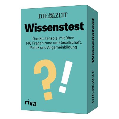 Die Abbildung zeigt die Verpackung des Kartenspiels »Wissenstest« von DIE ZEIT. Die türkisfarbene Box ist mit einem großen gelben Fragezeichen und einem weißen Ausrufezeichen bedruckt. Der Text verspricht über 140 Fragen zu Gesellschaft, Politik und Allgemeinbildung. Das Logo von riva ist unten links abgebildet.