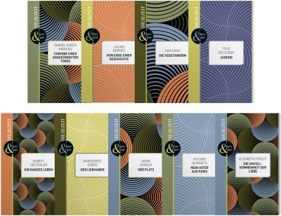 Die ZEIT-Edition »kurz & gut« besteht aus einer Sammlung von Büchern mit farbenfrohen Umschlägen in Blau, Grün, Orange, Beige, Schwarz und Grau. Jedes Buch ist elegant gestaltet und zeigt einen einzigartigen, stilisierten Kreismuster.