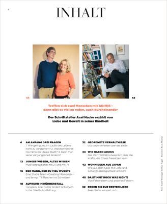 Detailliertes Inhaltsverzeichnis von ZEIT WISSEN 3/26 mit Titel „INHALT“, zwei Farbfotos von Menschen im Gespräch, darunter eine Liste der Artikelthemen, wie ADHS, Psychologie, Reisen, Geschichte und Tipps, auf weißem Hintergrund mit schwarzem und rotem Text.