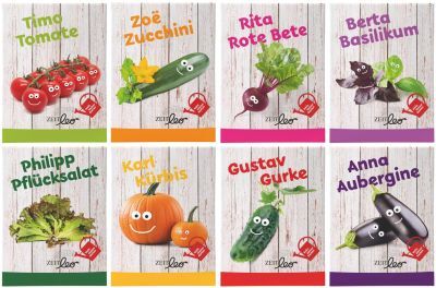 Verpackungen von ZEIT LEO-Edition »Mein kleiner Garten« mit verschiedenen Gemüsesamen für Kinder, illustriert mit bunten und lustigen Zeichnungen von Tomaten, Zucchini, Rote Bete, Basilikum, Pflücksalat, Kürbis, Gurke und Aubergine.