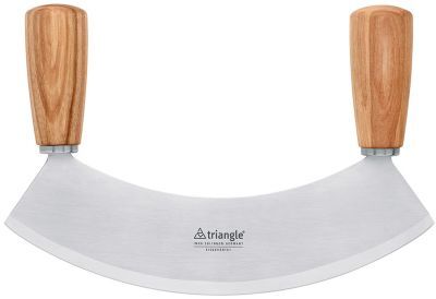 Ein Wiegemesser namens „Soul“ mit zwei Holzgriffen und einer halbmondförmigen Edelstahl-Klinge. Das Messer ist auf weißem Hintergrund abgebildet.