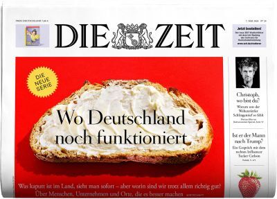 Titelseite der Wochenzeitung DIE ZEIT Ausgabe 20/2026 mit großem Brotscheibenmotiv auf rotem Hintergrund und der Schrift "Wo Deutschland noch funktioniert." Oberhalb das Titel-Logo, rechts kleine Artikelvorschauen und Werbung, links gelber Aufkleber "Die neue Serie".