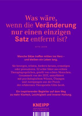 Das Buchcover von »In der Komfortzone wächst nichts.« zeigt violetten Hintergrund mit orangefarbenen und weißen Schriftzügen. Im Fokus steht die Frage nach Veränderung durch einen einzigen Satz. Der Text betont therapeutische Impulse und persönliches Wachstum. Am unteren Rand ist das Kneipp Verlag-Logo in Weiß aufgedruckt.