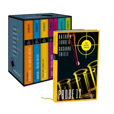 Der Schuber der ZEIT-Edition »Wissenschafts-Thriller« mit sieben farbigen Hardcover-Bänden ist abgebildet. Ein Band, »Probe 12« von Kathrin Lange & Susanne Thiele, steht hervorgehoben im Vordergrund. Die Buchcover sind auffällig gestaltet und der Schutzumschlag hat gelbe und schwarze Elemente.