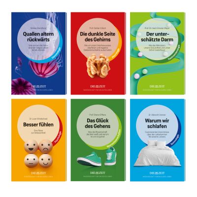 Das Bild zeigt eine Kollektion von sechs farbenfrohen Büchern der ZEIT-Edition »Wissenschaft für ein gutes Leben«. Jedes Cover stellt ein wissenschaftliches Thema rund um Gesundheit und Lebensqualität dar, illustriert mit passenden Symbolen wie Quallen, Gehirn, Darm, Holzkugeln, grüner Turnschuh und einem Bett. Die Titel sind klar lesbar und die Cover sind in kräftigen Blau-, Grün-, Rot-, Orange- und Beigetönen gestaltet.