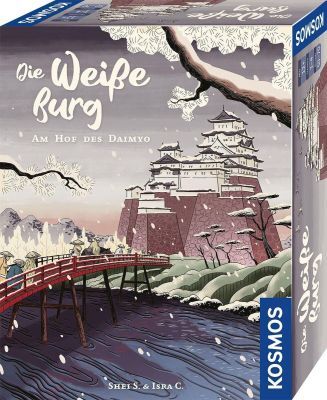 Die Verpackung des Brettspiels 'Die Weiße Burg' von KOSMOS zeigt eine detaillierte Illustration einer japanischen Burg in der Edo-Zeit, umgeben von schneebedeckten Landschaften und einer roten Holzbrücke auf der Vorderseite der Schachtel.