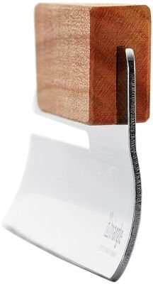 Krümelsammler mit glänzender Edelstahlklinge und eckigem Holzgriff, minimalistisch gestaltet, stehend präsentiert auf weißem Hintergrund, im Geschenkkarton verpackt.
