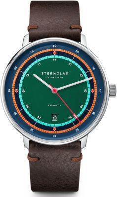 Bild einer Automatikuhr der Sonderedition Hamburg von ZEIT, mit grün-blauem Zifferblatt, Lederarmband und silbernem Gehäuse.