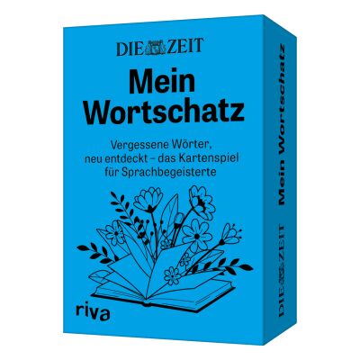 Auf dem Bild ist eine blaue Kartenspielschachtel mit der Aufschrift „Mein Wortschatz – Vergessene Wörter, neu entdeckt – das Kartenspiel für Sprachbegeisterte“ zu sehen. Die Vorderseite der Schachtel zeigt ein gezeichnetes offenes Buch mit stilisierten Blumen und Blättern. Das Design ist schlicht und übersichtlich, mit schwarzer und weißer Schrift sowie einem kleinen riva-Logo unten links.