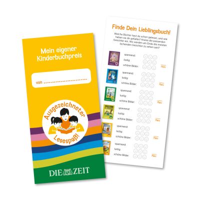 Die exklusive Mitmachkarte: Links die gelbe Vorderseite der Karte mit Titel "Mein eigener Kinderbuchpreis" und buntem Logo "Ausgezeichneter Lesespaß!" über dem grünen Branding von DIE ZEIT. Rechts die Rückseite mit Bildern von sechs Kinderbüchern und Kreisen zum Ankreuzen für Kategorien wie spannend, schönste Bilder, lustig.