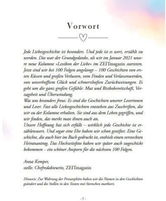 Eine Seite des Buches Liebesgeschichten »Lexikon der Liebe« zeigt ein Vorwort mit Text in schwarzer Schrift auf weißem Hintergrund und einem Herzsymbol. Oben auf der Seite sind lila und rosé Aquarellfarben zu sehen.